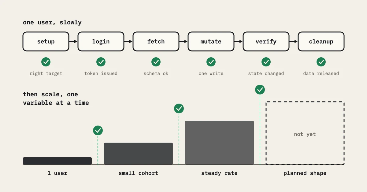A one-user journey of setup, login, fetch, mutate, verify and cleanup with a check under each step, above a staircase from 1 user to small cohort to steady rate, gated by checks before a dashed planned shape