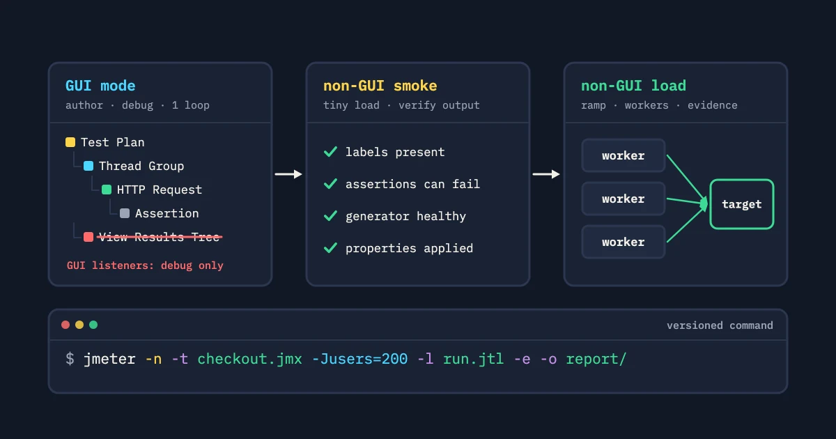 Three-stage JMeter workflow: GUI mode test plan tree with a struck-out results listener, non-GUI smoke checks, distributed non-GUI workers, and a jmeter -n command line