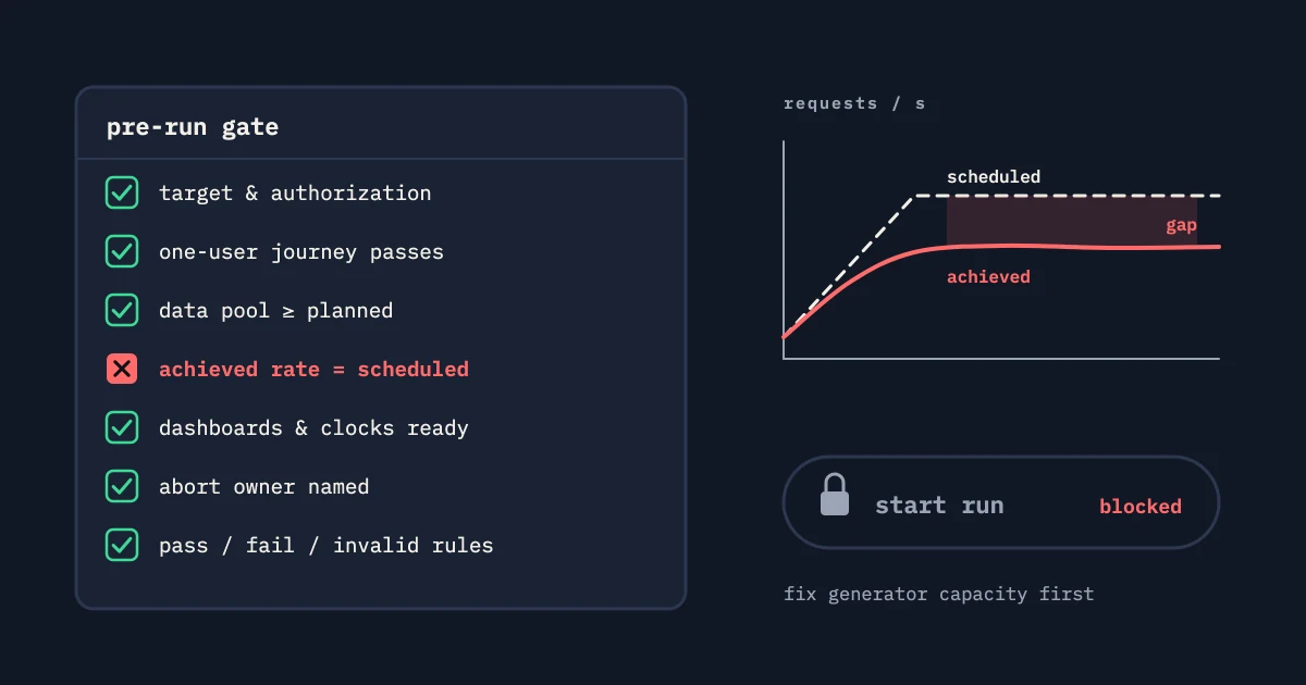 Pre-run checklist with one failed item, achieved rate below scheduled rate on a chart, and a blocked start-run button