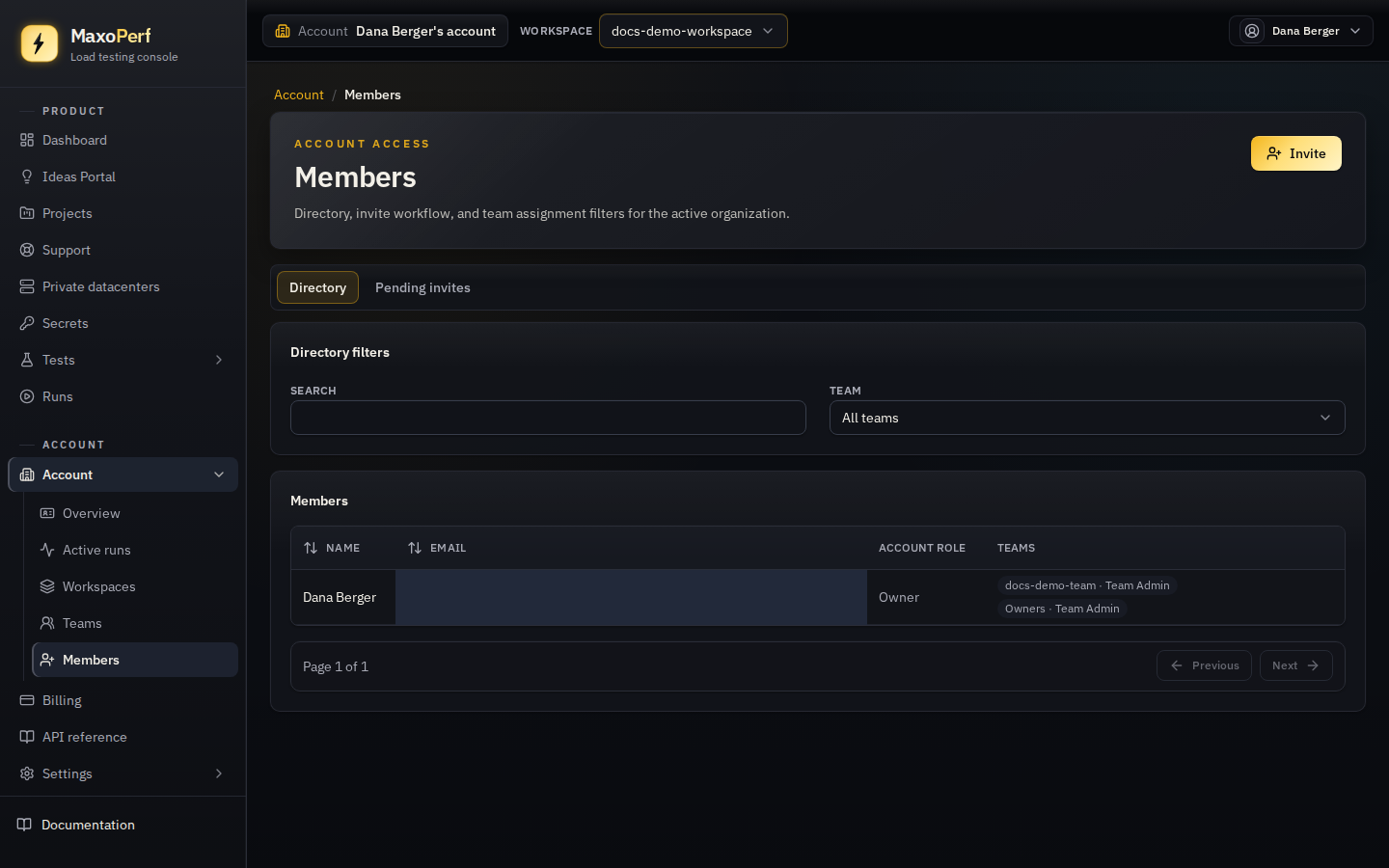 MaxoPerf Members page Directory tab showing a table of members with name, email, account role, and teams