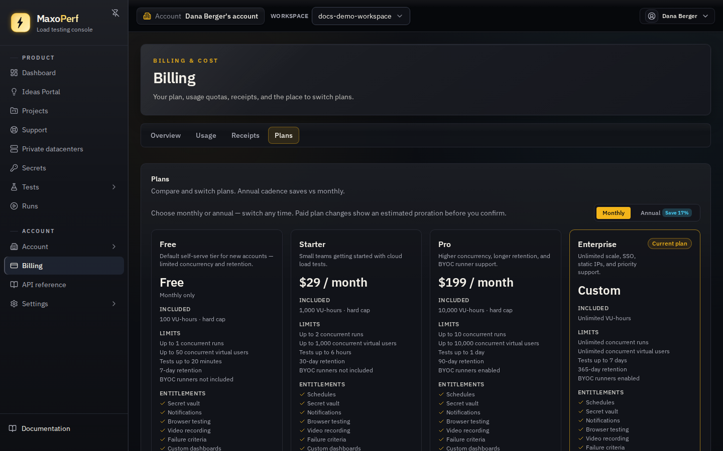 MaxoPerf Billing Plans tab showing the plan catalogue with monthly and annual pricing, a feature comparison, and Upgrade buttons