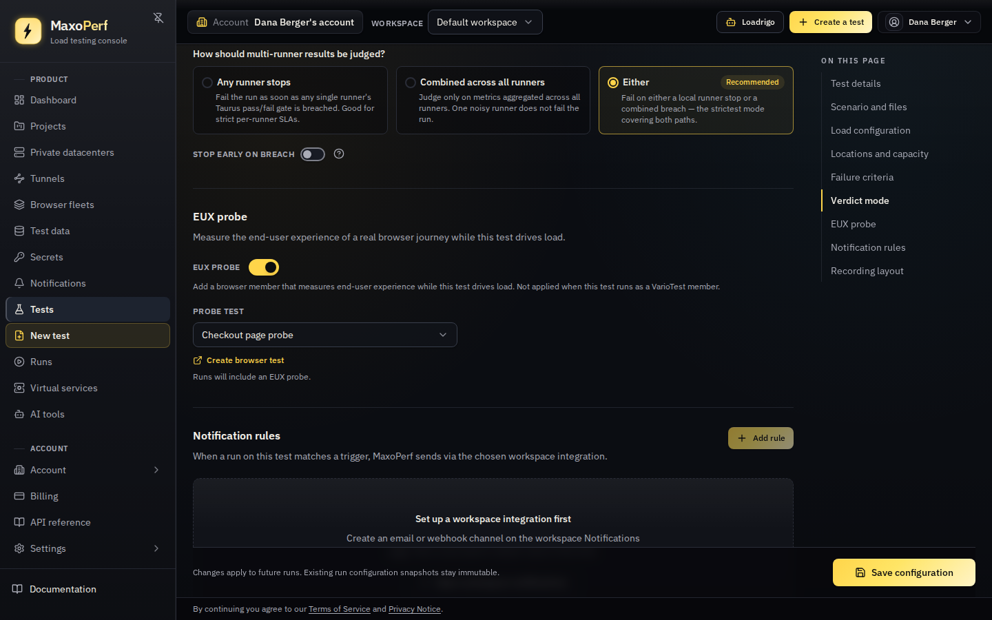 The EUX probe card on the Configuration tab of the Maxomart checkout test with the toggle on and Checkout page probe selected as the probe test.