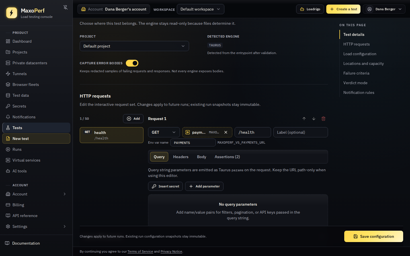 The request URL field of the Payments health test holding a payments virtual service chip with a path field beside it.