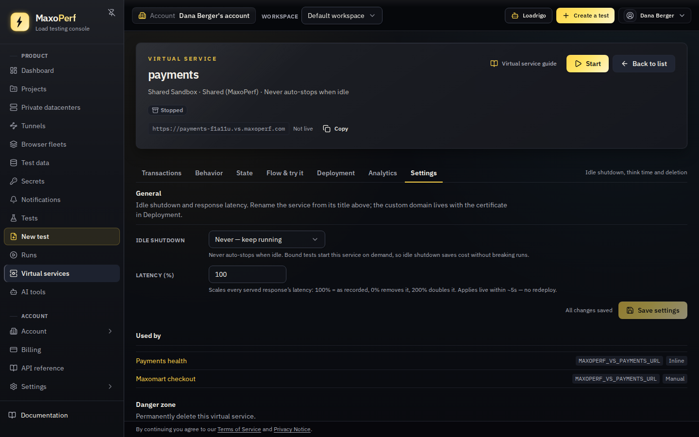 The Settings tab of the payments virtual service with a Used by list naming Payments health as inline and Maxomart checkout as manual, both with MAXOPERF_VS_PAYMENTS_URL.