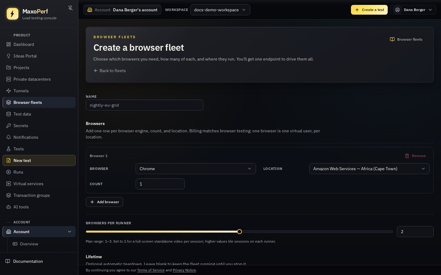 MaxoPerf New browser fleet form showing browser rows with engine, count, and location selectors, the browsers-per-runner, TTL, and idle-timeout fields, and the preview of what the requested fleet will consume