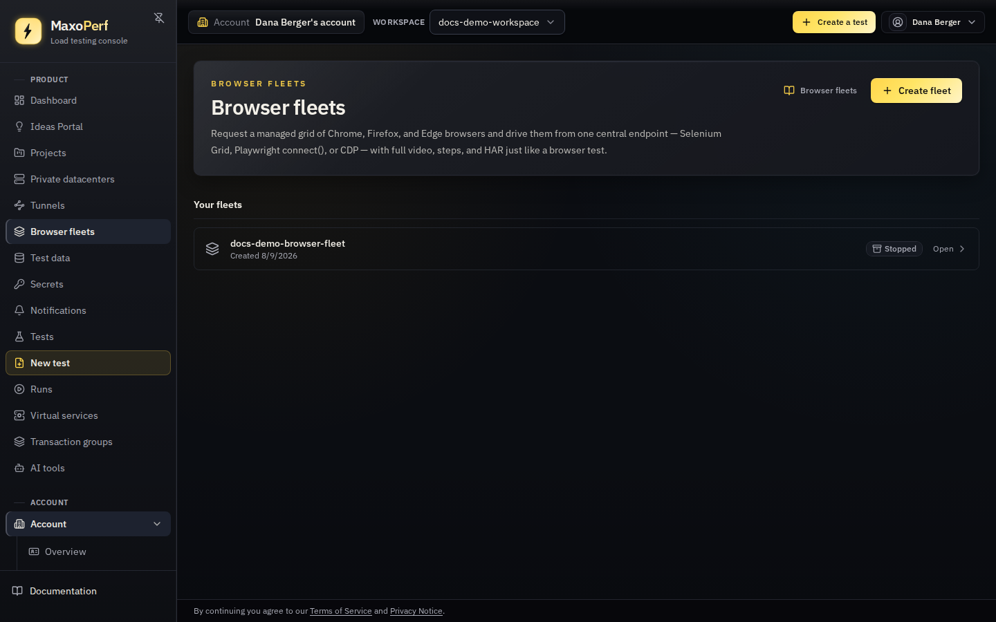 MaxoPerf Browser fleets list showing a running fleet with its chrome, firefox, and edge browser counts, its location, and a live status badge