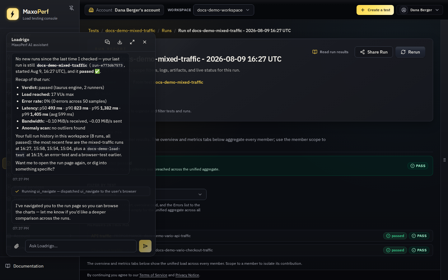 MaxoPerf console with the Loadrigo assistant panel open alongside the page, showing a real exchange: a plain-language request from the user and Loadrigo's reply naming the actions it took