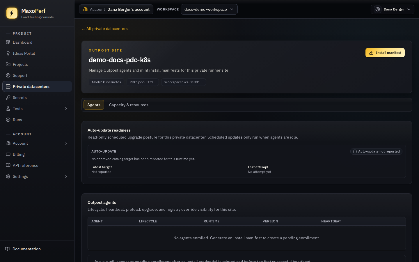 MaxoPerf Private datacenter detail page showing the site name, a PDC meta pill row with mode and IDs, and the Auto-update readiness status