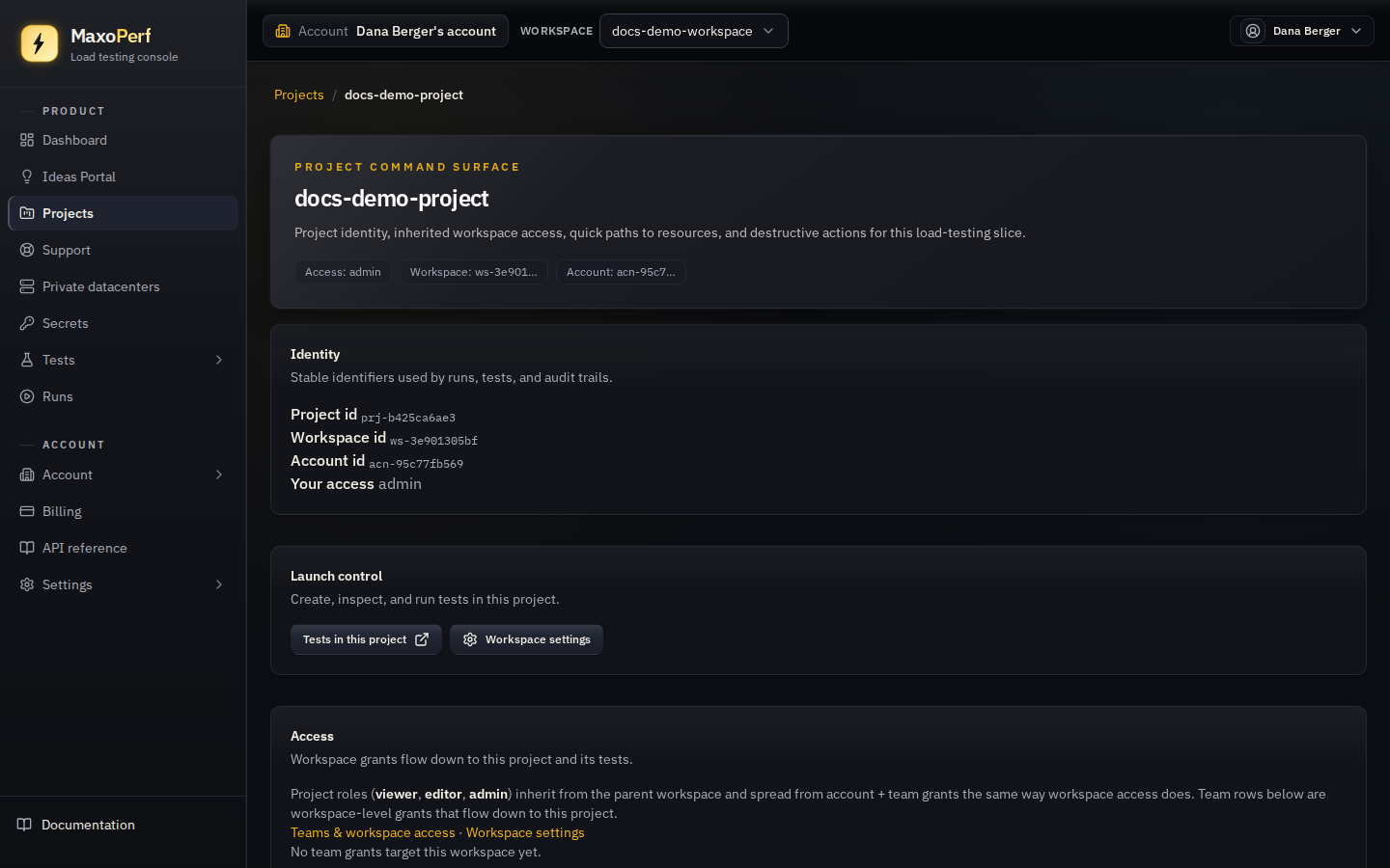MaxoPerf Project detail page showing the project name, its Identity section with project ID and workspace ID, and launch controls