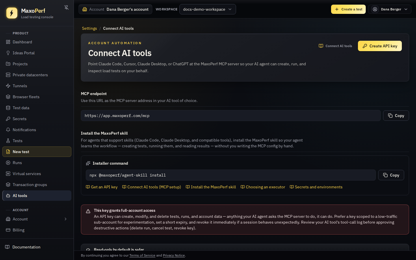 MaxoPerf Settings → Connect AI tools page showing the account's MCP endpoint URL and copy-ready configuration snippets for each supported client