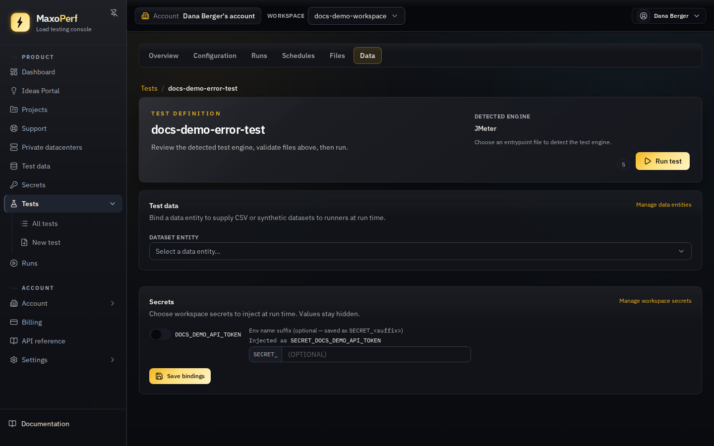 MaxoPerf Test detail Data tab showing the data entity binding control and secret bindings for the test