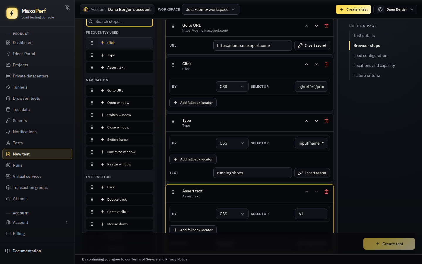 MaxoPerf New test page in scriptless browser-step builder mode, showing the categorized step palette on the left and a drag-and-drop step canvas with a named transaction on the right