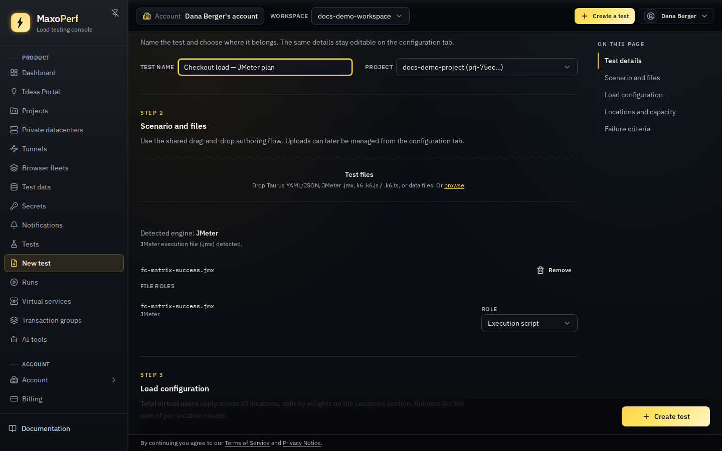 MaxoPerf New test authoring page in Upload script mode, showing the detected engine badge above the scenario/files drop zone after a scenario file is uploaded