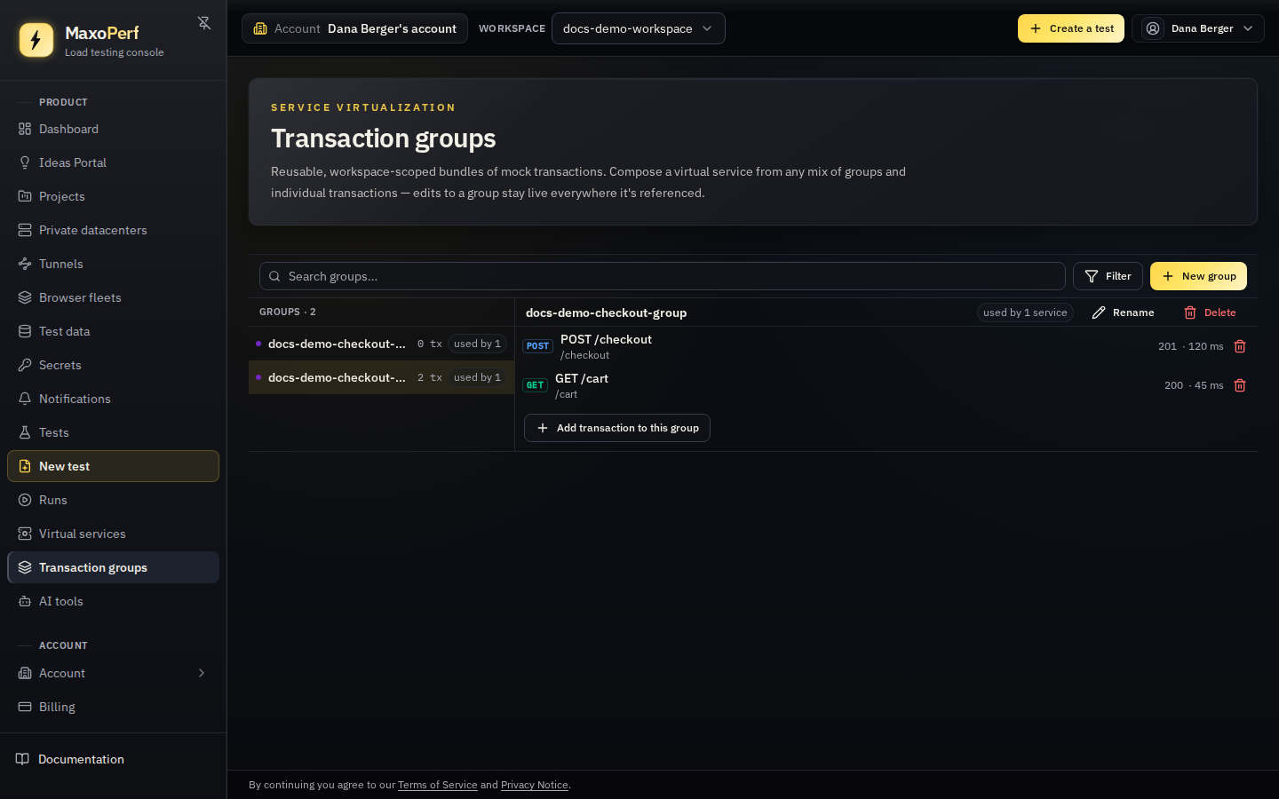 MaxoPerf Transaction groups library page showing a list of groups with name, description, transaction count, and used-by count