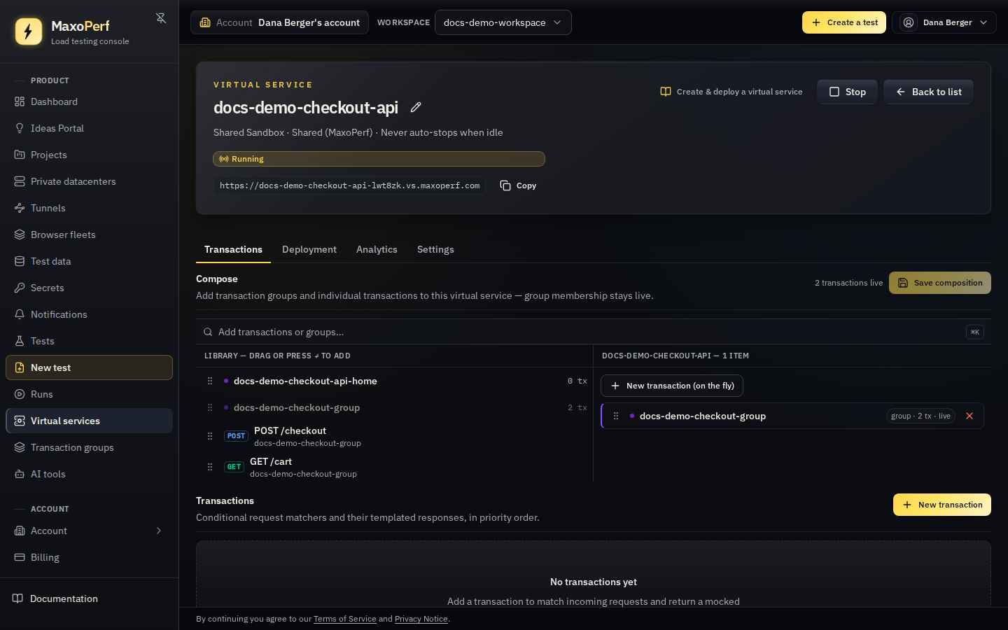 MaxoPerf virtual service Compose tab showing a two-pane layout: a searchable library of groups and transactions on the left, and the ordered composition list on the right, with a ⌘K command palette and drag handles