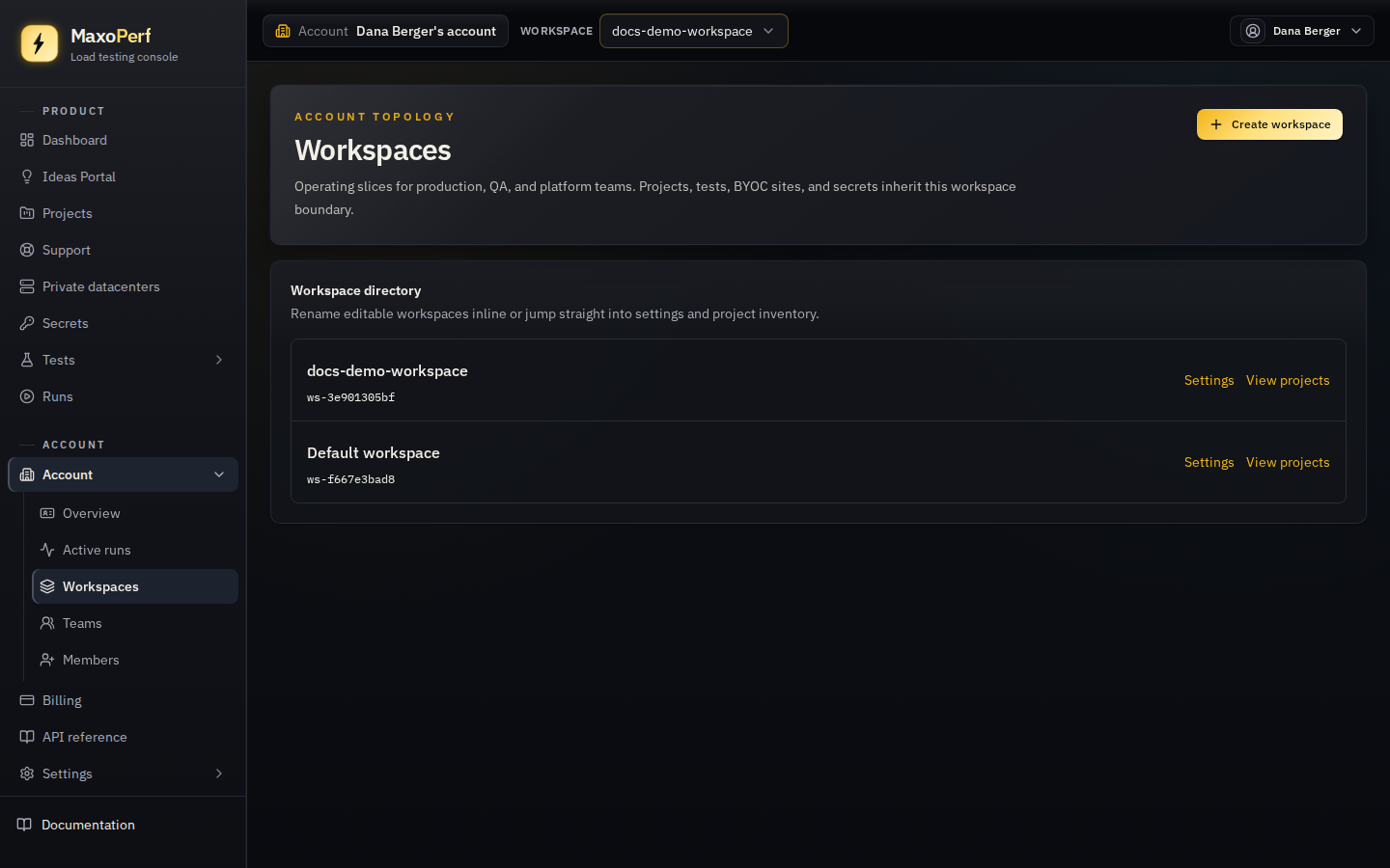 MaxoPerf Workspaces list showing multiple workspaces with name, id, and links to their settings and projects